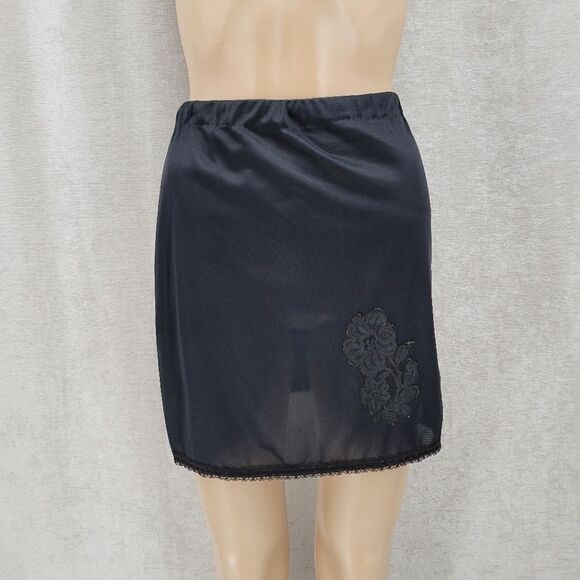 Black Vintage Mini Slip Skirt With Lace Details - Picture 1 of 8